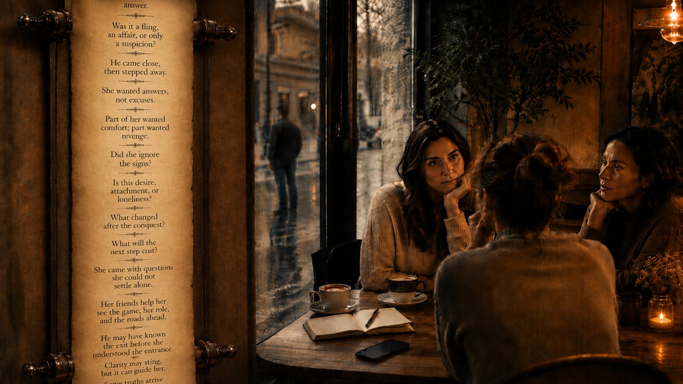 Three women in a café conversation